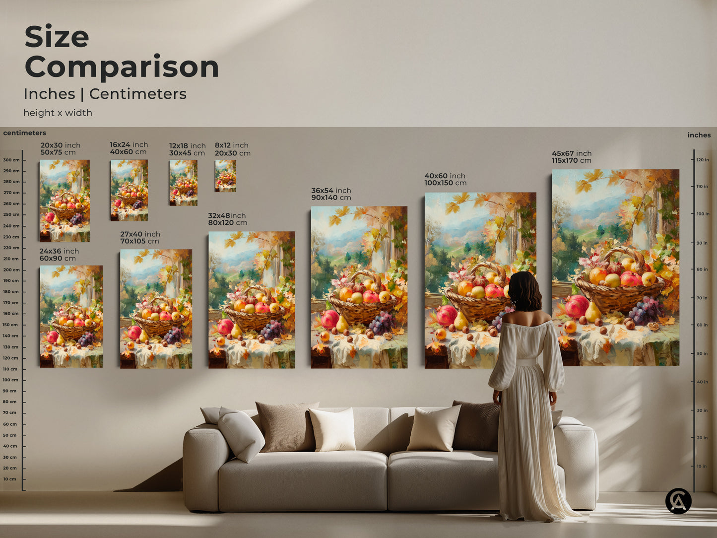 Size comparison of fruit basket art prints in inches and centimeters. Visualize the artwork in various dimensions. Perfect for planning your gallery wall. Sizes range from 8x12 to 45x67 inches. Ideal for home decorating projects.