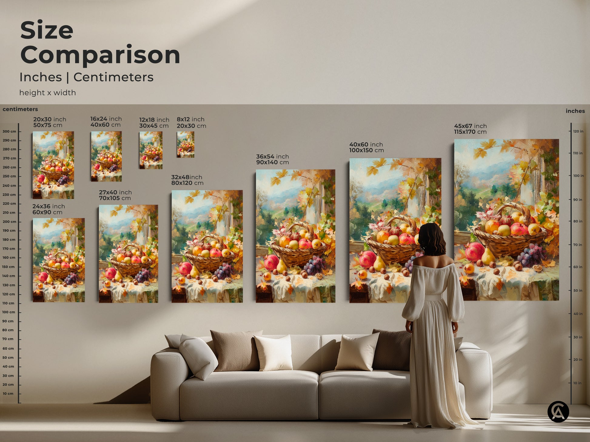 Size comparison of fruit basket art prints in inches and centimeters. Visualize the artwork in various dimensions. Perfect for planning your gallery wall. Sizes range from 8x12 to 45x67 inches. Ideal for home decorating projects.
