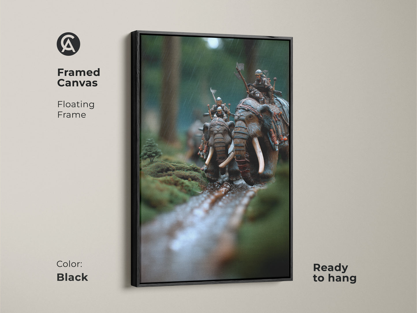 Framed canvas art showing elephant warriors. Black floating frame ready to hang. The moss green and earthy brown tones enhance this fantasy battle scene artwork. A unique animal themed art piece for eclectic home decor and office warrior wall hanging.
