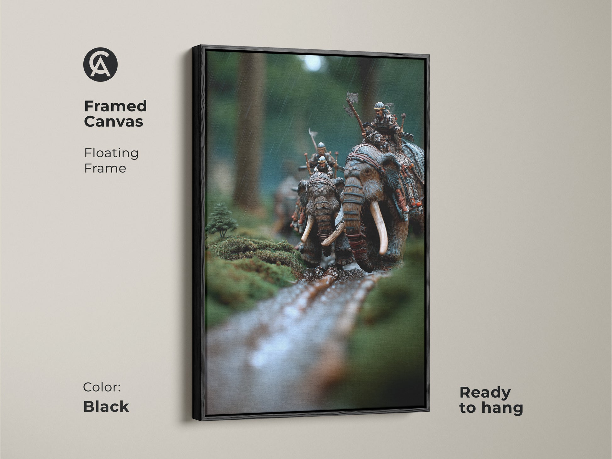 Framed canvas art showing elephant warriors. Black floating frame ready to hang. The moss green and earthy brown tones enhance this fantasy battle scene artwork. A unique animal themed art piece for eclectic home decor and office warrior wall hanging.