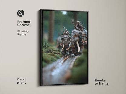 Framed canvas art showing elephant warriors. Black floating frame ready to hang. The moss green and earthy brown tones enhance this fantasy battle scene artwork. A unique animal themed art piece for eclectic home decor and office warrior wall hanging.
