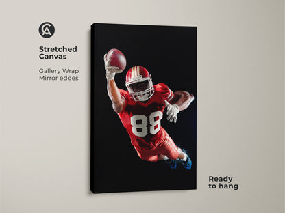 Stretched Canvas of an American Football player. The gallery wrap has mirrored edges. This dynamic sports action print is ready to hang. It's ideal for a Man Cave wall art. Makes a perfect gift for sports fans. The Red White and Black football decor adds a modern touch.