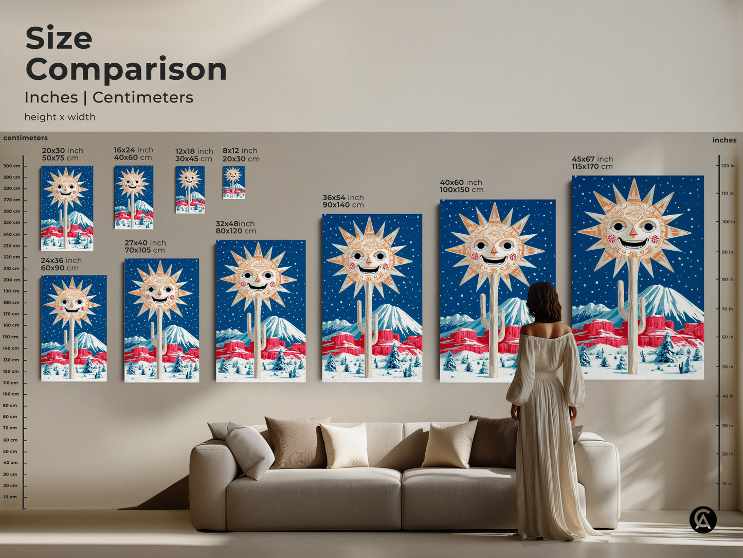 Size comparison of retro folk art print featuring a smiling sun and cactus in a snowy desert scene. See how canvas art looks in various sizes. Visualize the eclectic orange and blue wall decor in your home. This retro desert theme art suits any space.