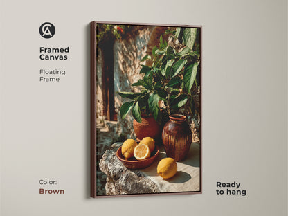 This botanical art print features lemons and terracotta vases. The rustic Mediterranean artwork adds charm to your kitchen. Yellow and green hues create a farmhouse style. It's a great housewarming gift.