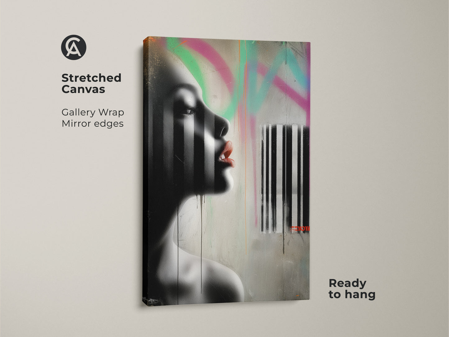 Close-up of a stretched canvas print showcasing urban graffiti woman wall art. The abstract portrait art uses a black white and pink palette. Gallery wrapped with mirrored edges it's ready to hang. This contemporary artwork enhances bedroom decor with an edgy modern flair.