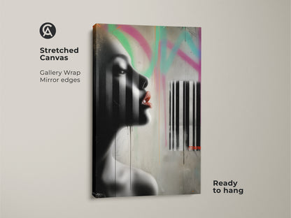 Close-up of a stretched canvas print showcasing urban graffiti woman wall art. The abstract portrait art uses a black white and pink palette. Gallery wrapped with mirrored edges it's ready to hang. This contemporary artwork enhances bedroom decor with an edgy modern flair.