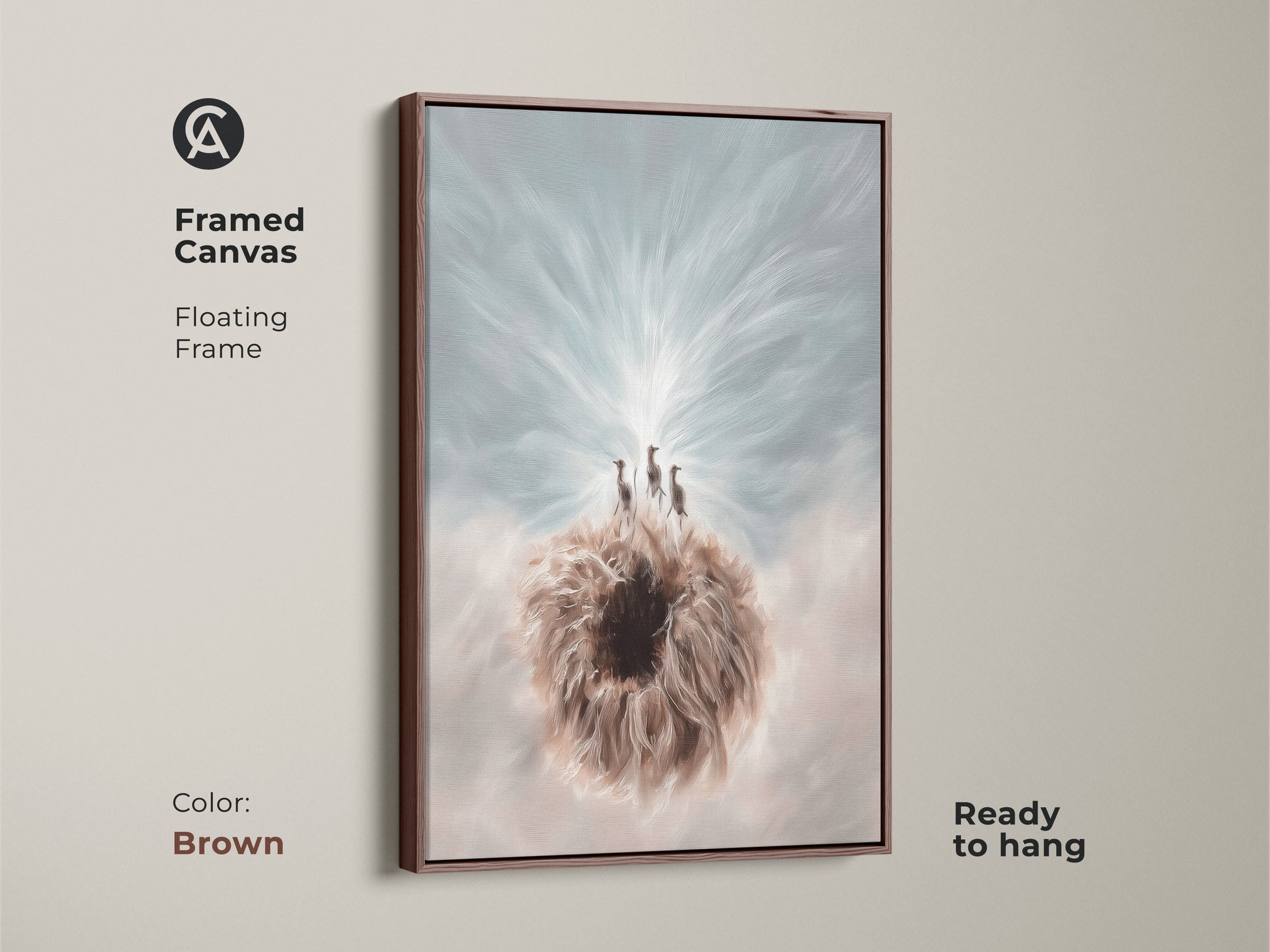 The framed canvas art of the Meerkat & Dandelion art is shown in a brown floating frame. This boho fantasy animal wall decor is ready to hang. The blue and white colors will make any room pop.