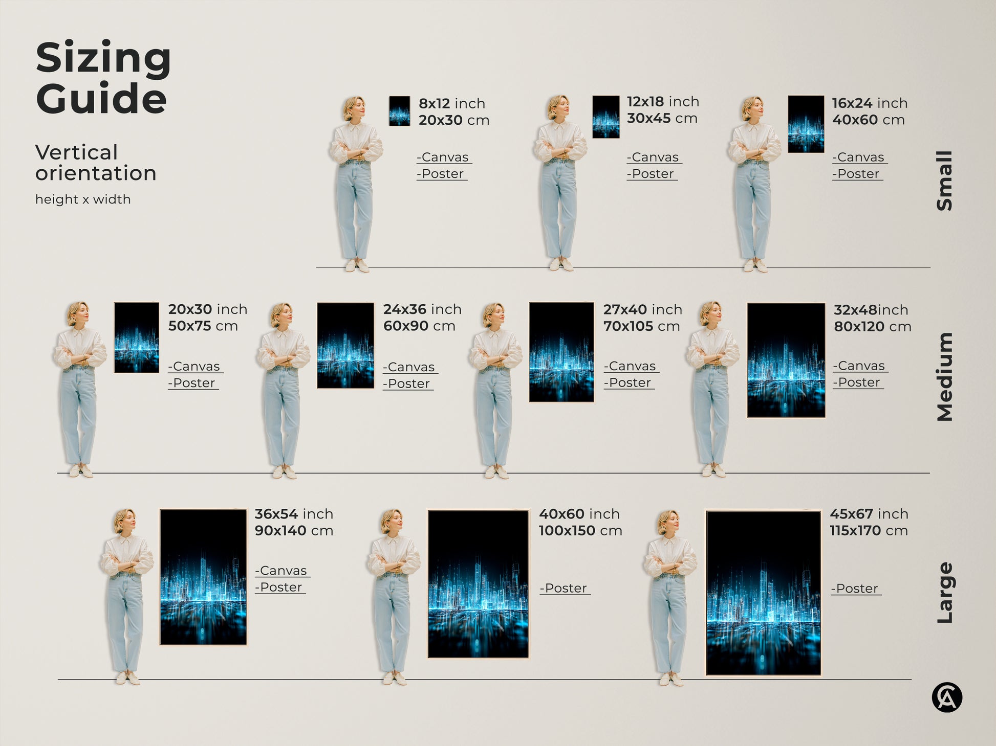 Sizing guide for vertical orientation abstract city art. This art comes in many sizes. Sizes include small medium and large. Find the perfect size for your space. Canvas and poster options are available. Order yours today.