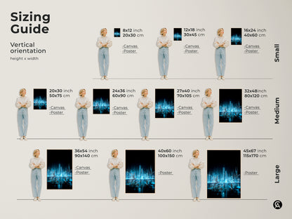 Sizing guide for vertical orientation abstract city art. This art comes in many sizes. Sizes include small medium and large. Find the perfect size for your space. Canvas and poster options are available. Order yours today.