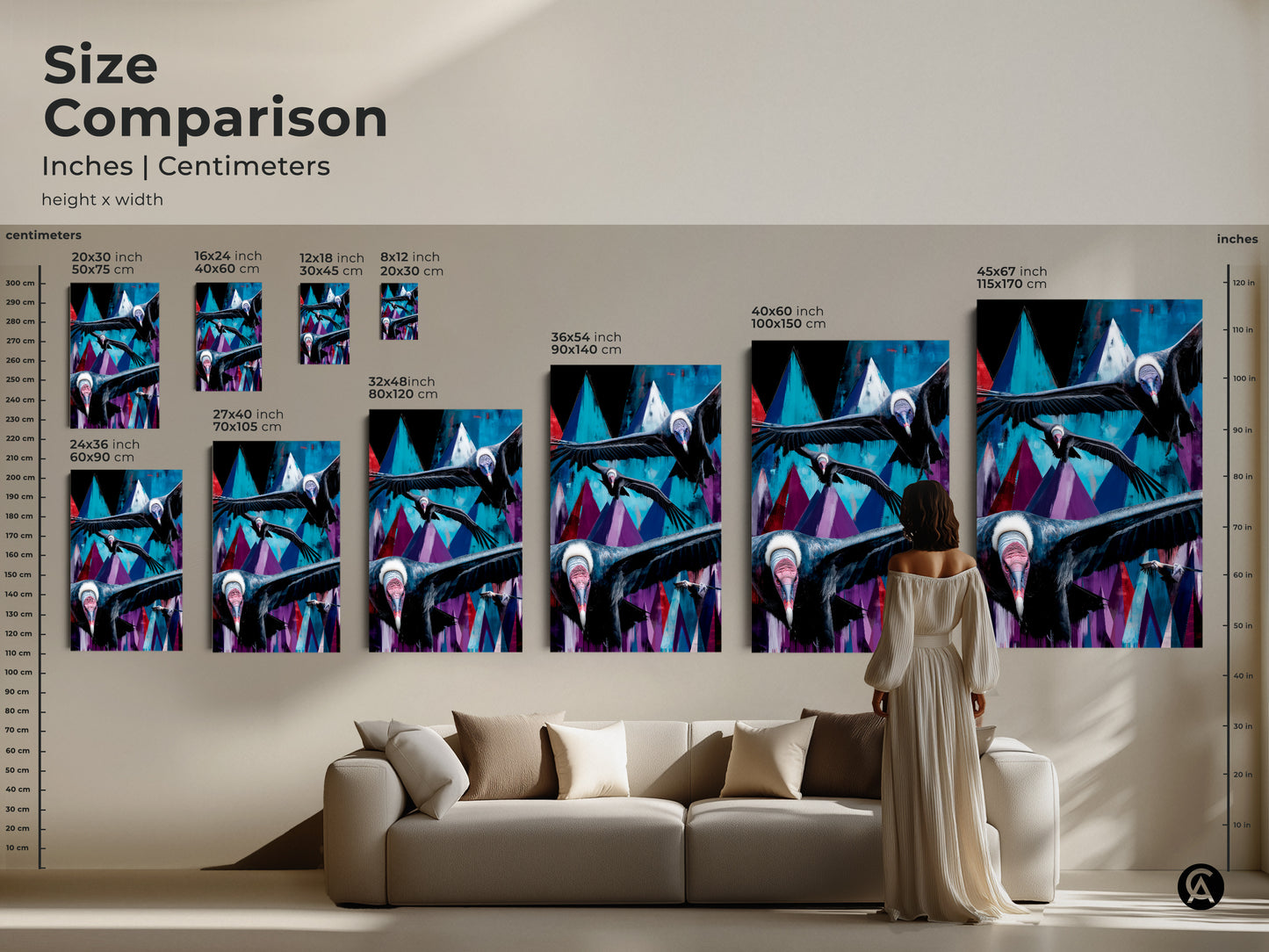 Size comparison of the geometric mountain vulture canvas art. Sizes range from small to large. View this teal blue and purple abstract bird print in various dimensions to match your eclectic home decor.