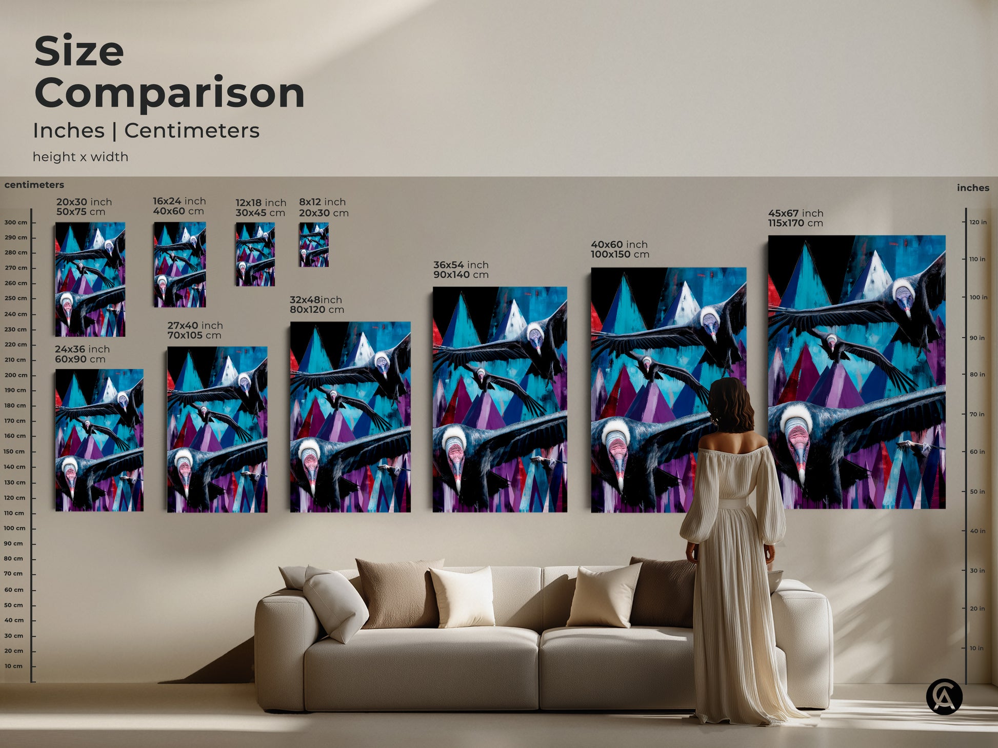 Size comparison of the geometric mountain vulture canvas art. Sizes range from small to large. View this teal blue and purple abstract bird print in various dimensions to match your eclectic home decor.