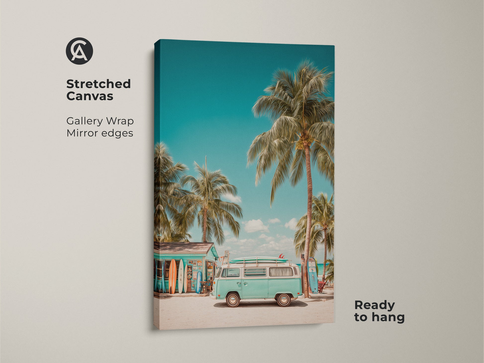 Stretched canvas art showcasing a classic VW bus at a beachside surf shop. The gallery wrap with mirrored edges provides a modern touch. The tropical palm trees and surfboards give a summer vibe. Ready to hang and enjoy.