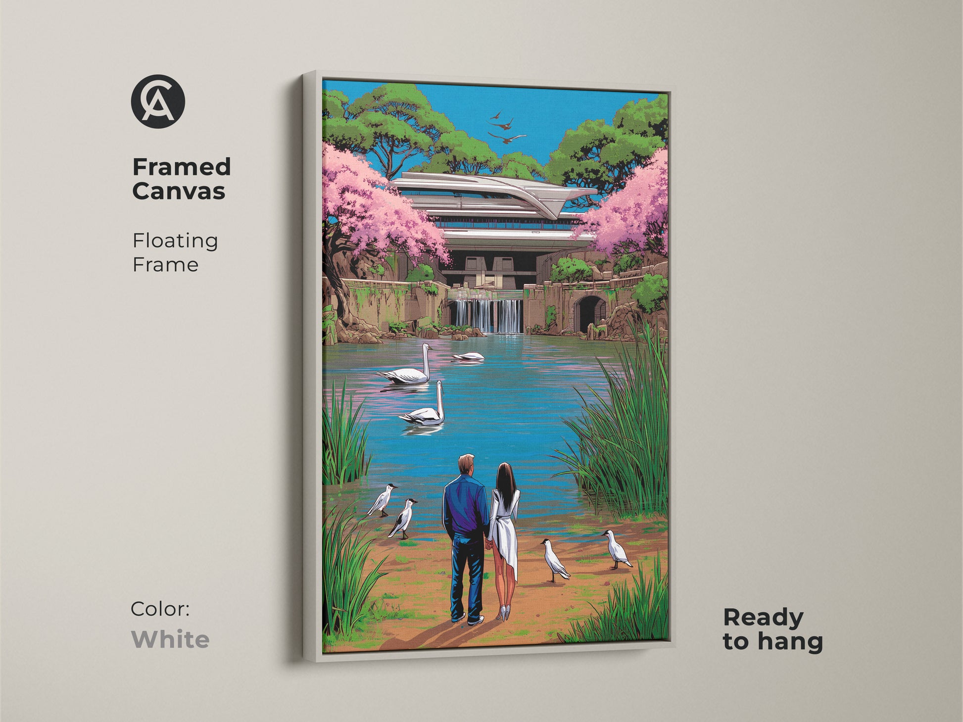 A white framed canvas displays a couple by a lake with elegant swans. The surreal pop art artwork features modern architecture in blue green and pink. This is a great anniversary gift idea it is ready to hang it will enhance any wall.