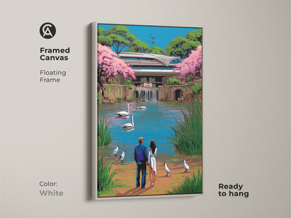 A white framed canvas displays a couple by a lake with elegant swans. The surreal pop art artwork features modern architecture in blue green and pink. This is a great anniversary gift idea it is ready to hang it will enhance any wall.