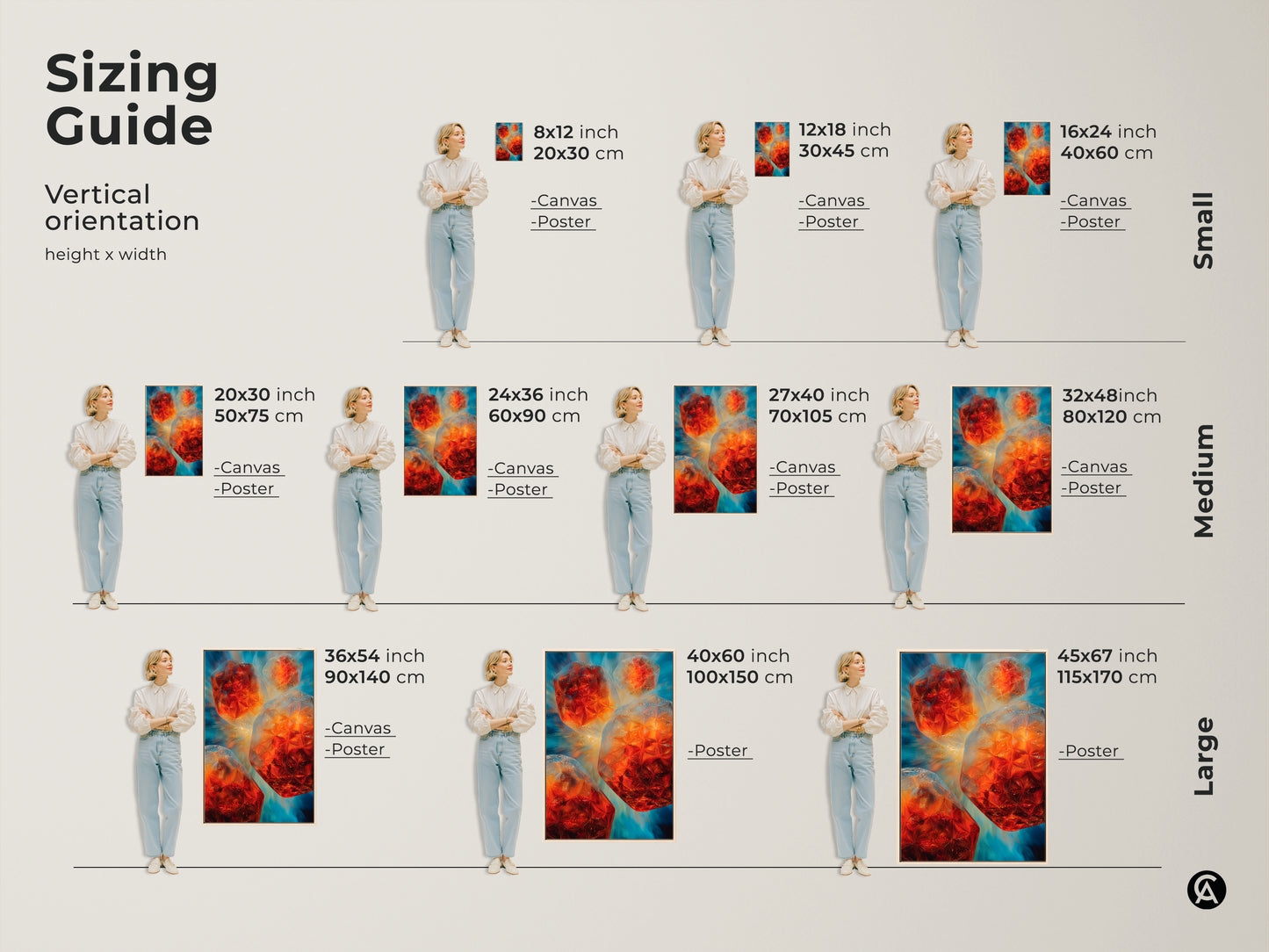 Sizing guide for vertical abstract geometric wall art canvas and poster prints. Available in small medium and large sizes. Visualize how teal blue and orange artwork fits in your space. Get your contemporary crystal shapes artwork for modern office decor or as a unique housewarming gift for him
