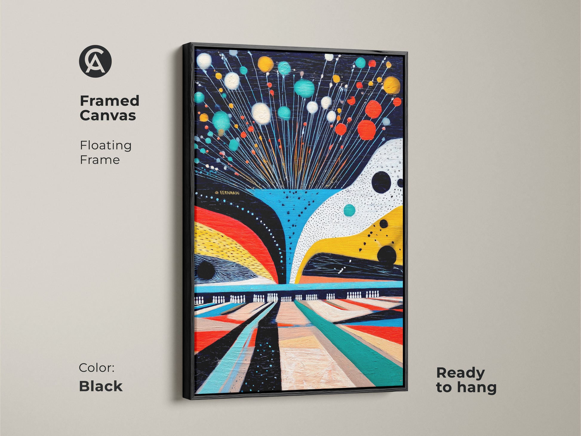 Framed canvas with floating frame in black. Displaying abstract bowling art. Geometric sport theme with teal red and yellow accents. Ready to hang for immediate enjoyment. Contemporary artwork enhances any wall art collection.
