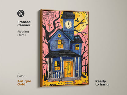 Framed canvas featuring a haunted house art print in an antique gold floating frame. This Halloween wall art decor includes a black cat and pumpkin. The eclectic blue yellow orange artwork is ready to hang with style.