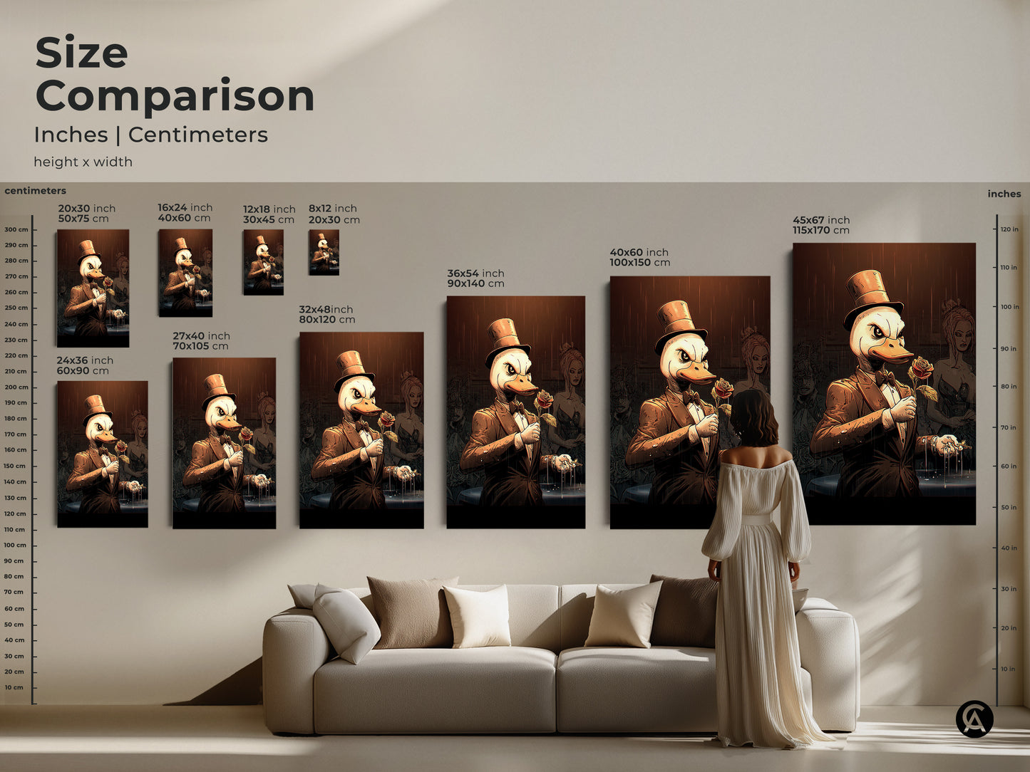 See a size comparison in inches and centimeters. The artwork features a top hat duck. The prints range from small to large. Find the perfect size for your space. Consider how it looks above a sofa.