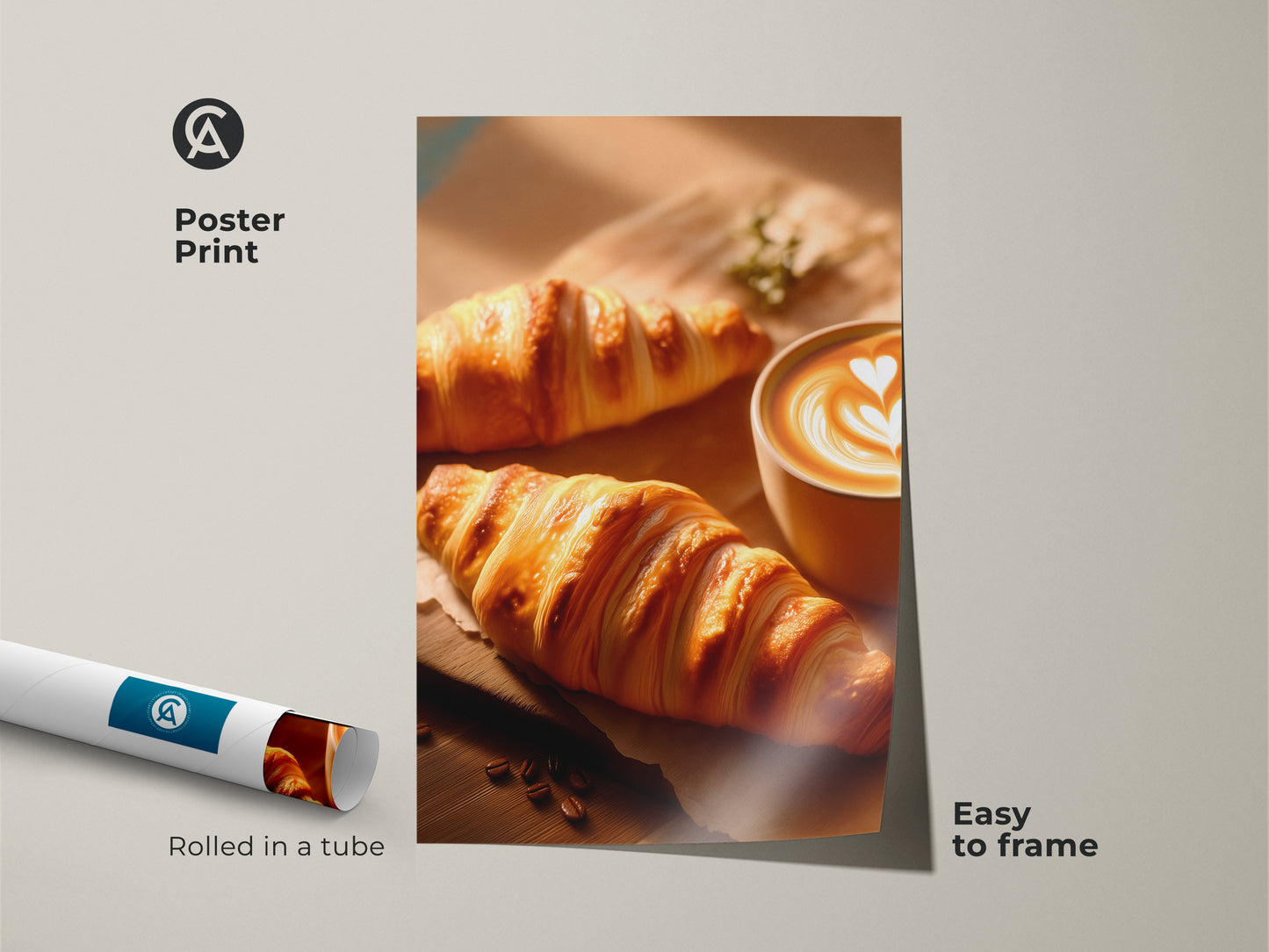 Poster Print featuring croissant and latte artwork. Beige and brown tones add warmth to kitchen wall decor. Easy to frame coffee lover gift idea. Modern breakfast art perfect for any cafe setting.