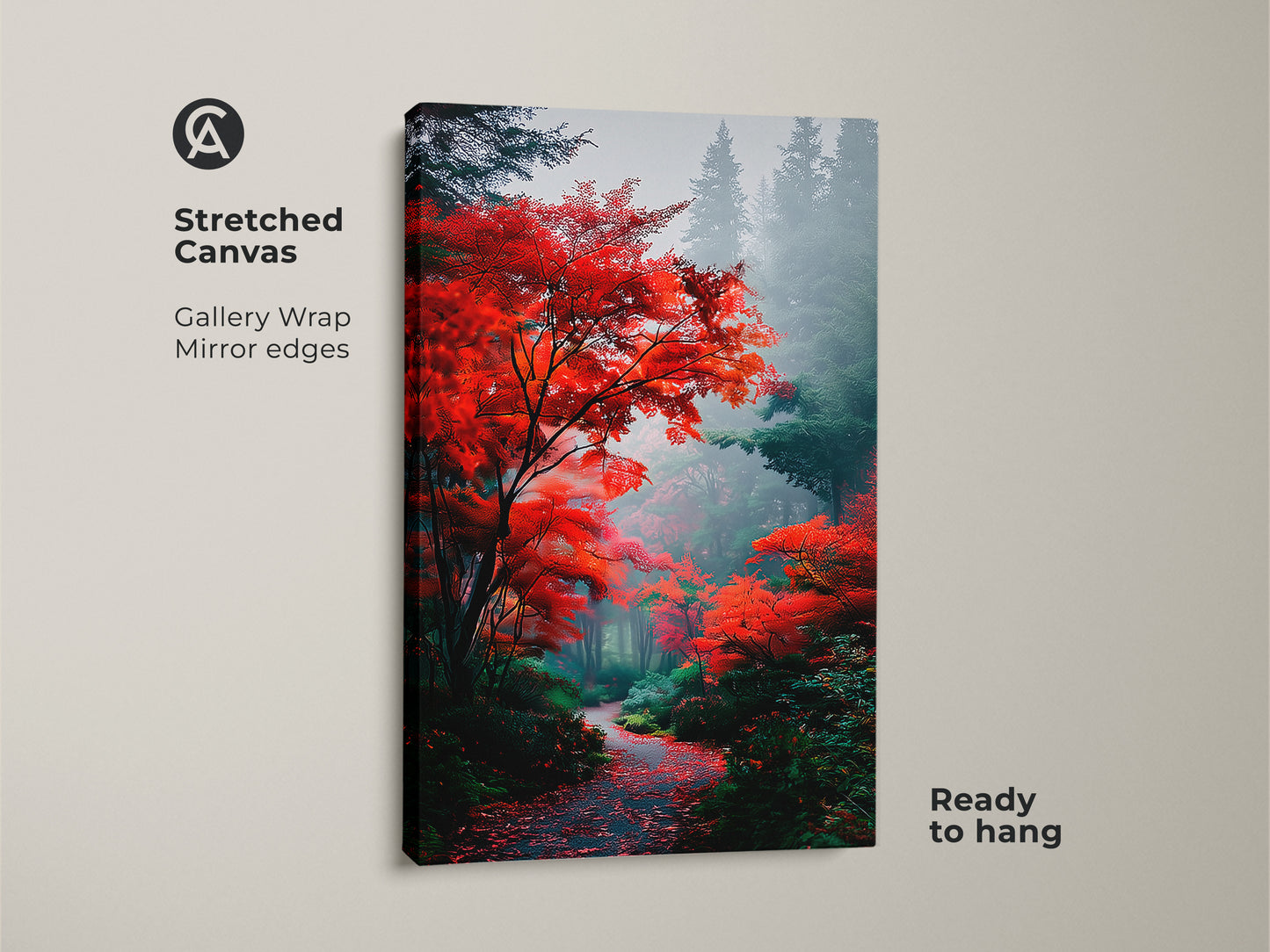 A stretched canvas print features a stunning autumn forest landscape. This gallery-wrapped canvas with mirrored edges is ready to hang. The vivid red foliage and misty backdrop create a captivating piece of wall art. Ideal for home decor.