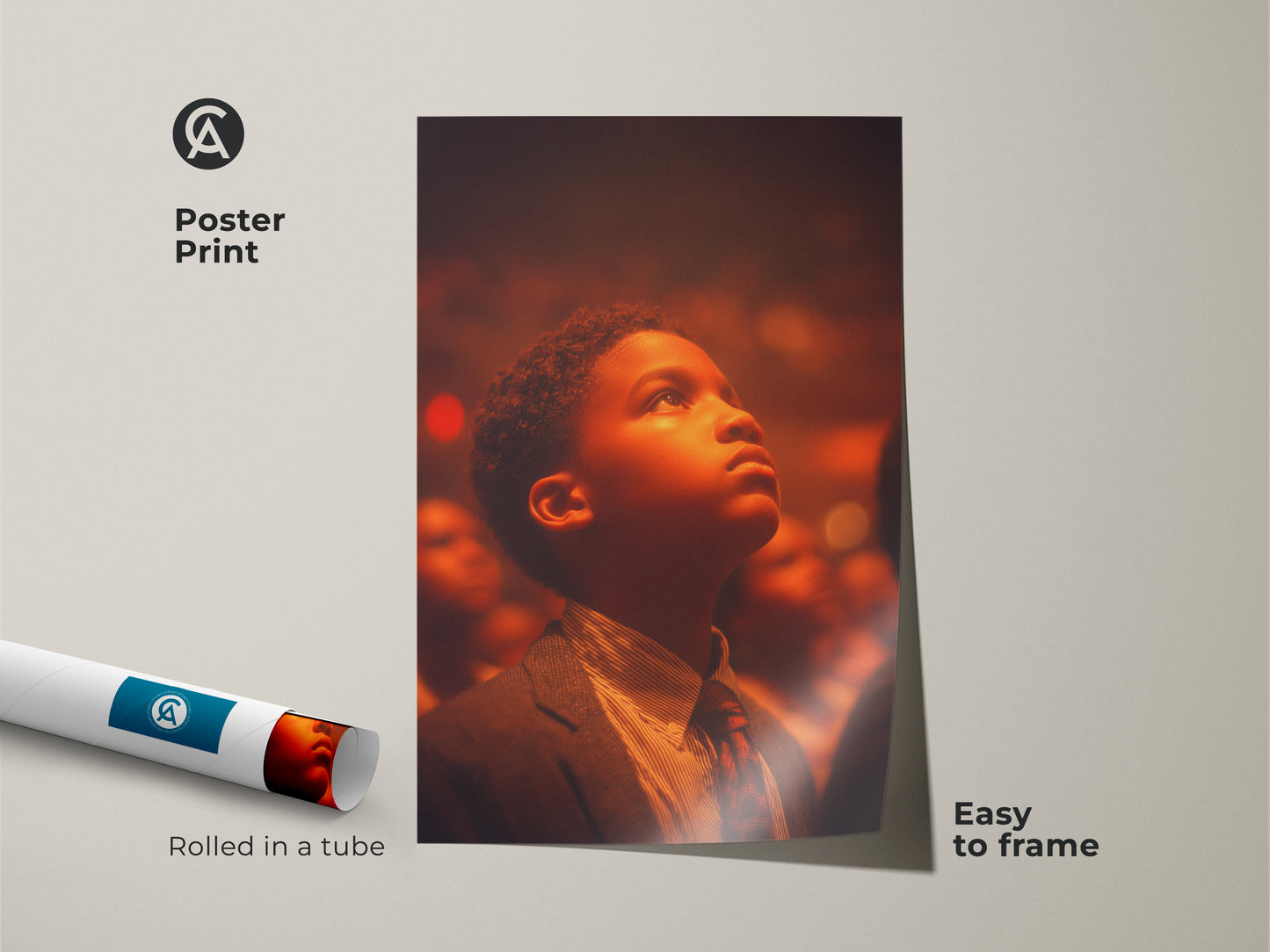 Poster print artwork of a young Black boy in a suit looking upward. The poster is rolled in a tube for protection. This museum-quality art is easy to frame and display.