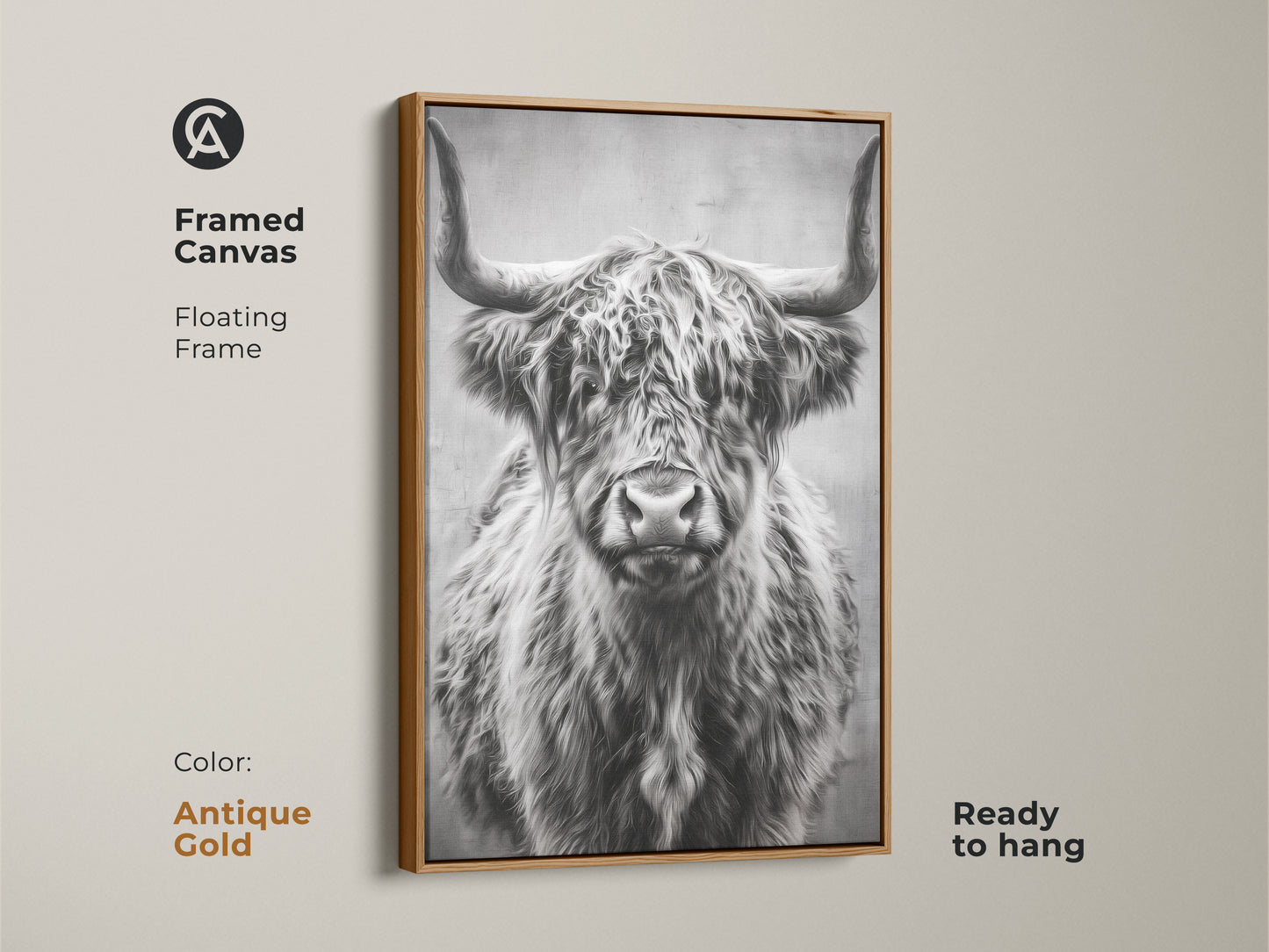 Antique gold framed canvas featuring a floating frame with a photorealistic highland cow. The monochrome farmhouse wall art is ready to hang enhancing your home with rustic animal art. Perfect barnyard animal decor.