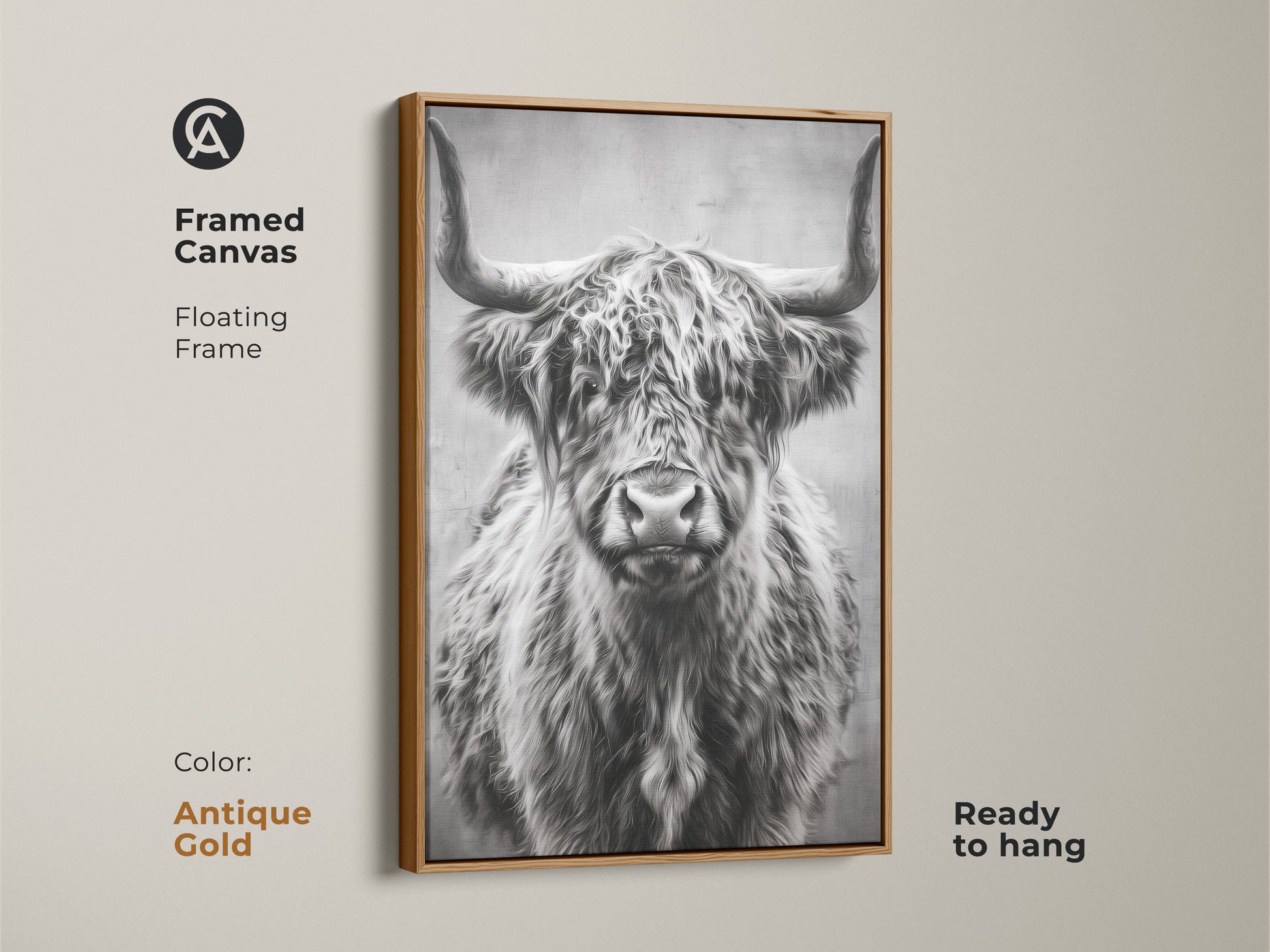 Antique gold framed canvas featuring a floating frame with a photorealistic highland cow. The monochrome farmhouse wall art is ready to hang enhancing your home with rustic animal art. Perfect barnyard animal decor.