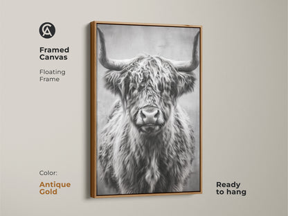 Antique gold framed canvas featuring a floating frame with a photorealistic highland cow. The monochrome farmhouse wall art is ready to hang enhancing your home with rustic animal art. Perfect barnyard animal decor.