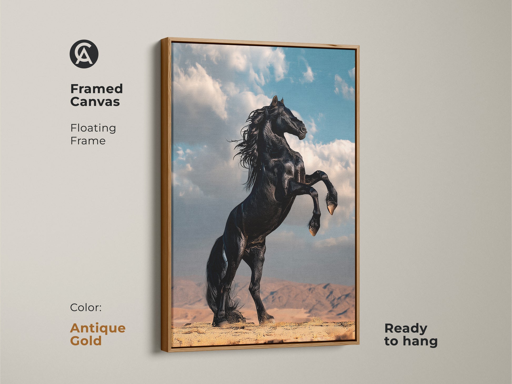 Framed canvas featuring a rearing black horse. Antique gold floating frame adds a touch of elegance. This rustic equestrian art is ready to hang in any room. Perfect housewarming gift.