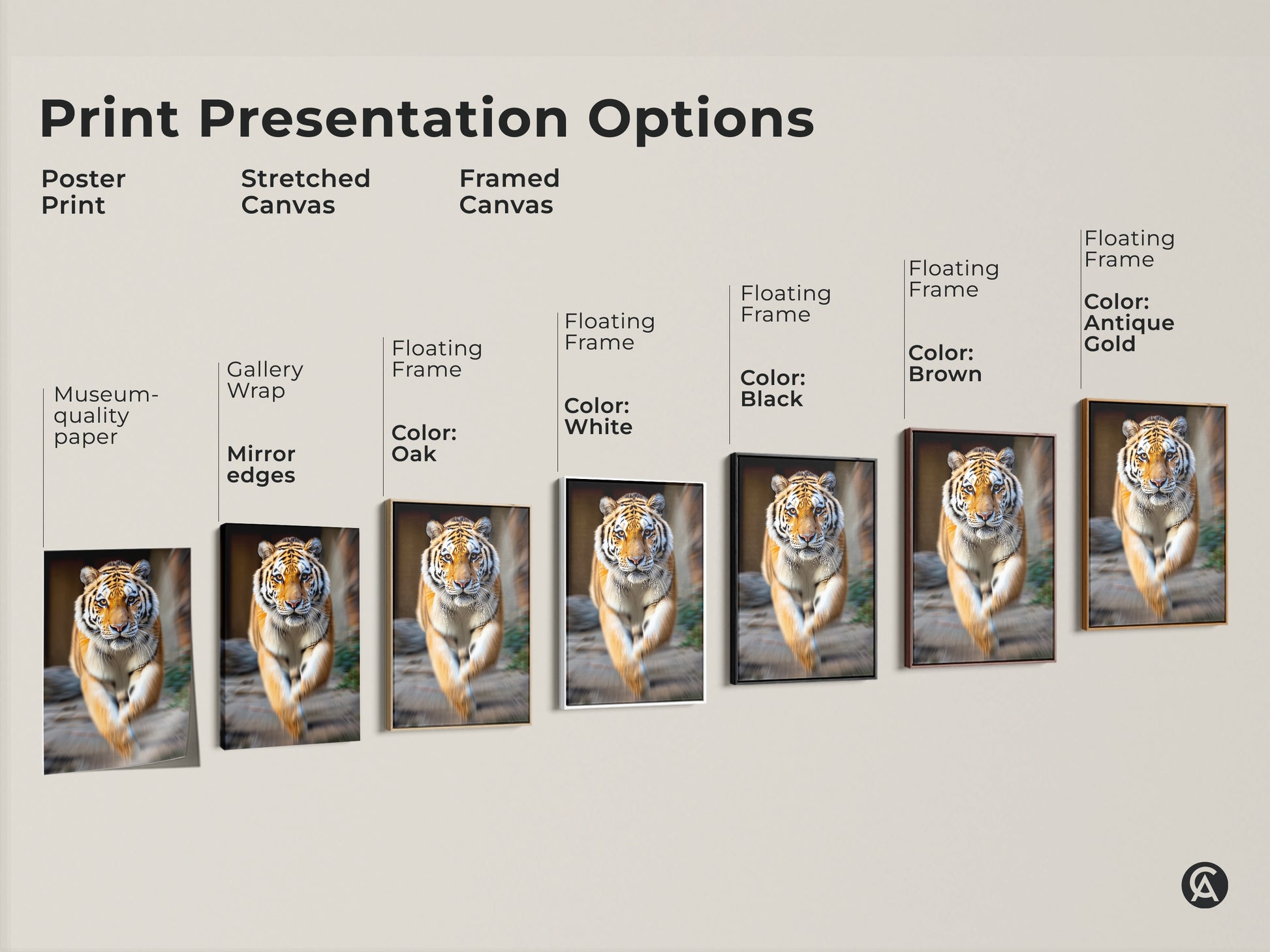 Print presentation options for photorealistic tiger artwork. See poster stretched and framed canvas in various colors. Find the perfect wildlife wall art for you.