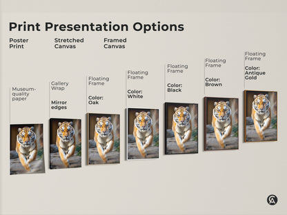 Print presentation options for photorealistic tiger artwork. See poster stretched and framed canvas in various colors. Find the perfect wildlife wall art for you.