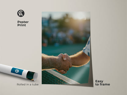 Poster print showcasing a handshake on a tennis court. This museum-quality paper print comes rolled in a tube. It's easy to frame and a great gift for tennis lovers. Add to your collection today