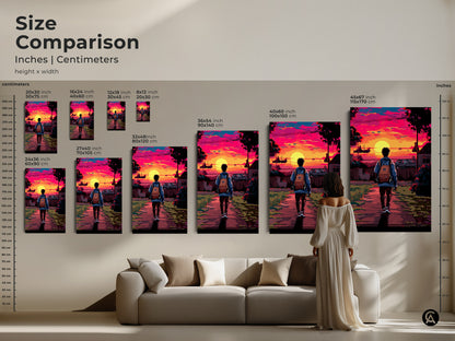 Size Comparison of Pixel Art Urban Sunset Prints. See retrofuturism art in various sizes. From small to extra large canvas or poster prints. Find the perfect fit for your living room decor.