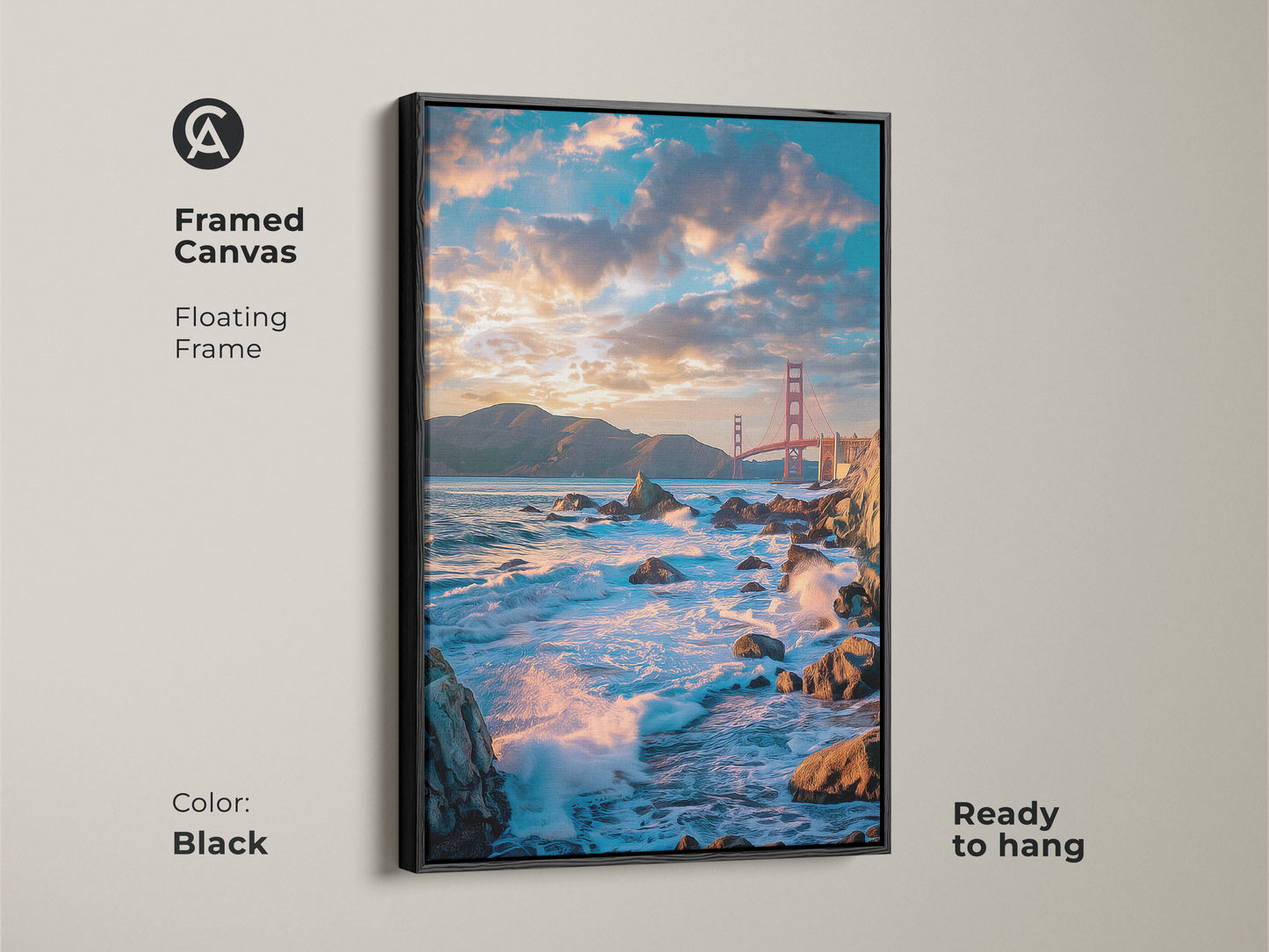 Framed canvas of the Golden Gate Bridge with a floating black frame. Ready to hang this teal and orange photorealistic art captures ocean waves. A contemporary seascape wall art perfect for coastal living room decor.