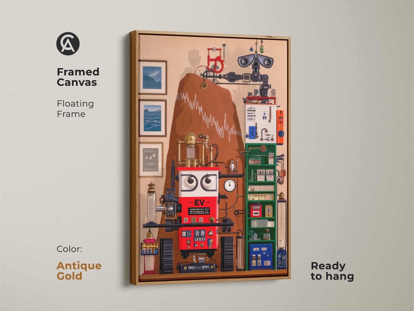 A Google Drive preview shows a surreal steampunk robot wall artwork. This abstract machine art features intricate gears. The file might not be safe to download. This eclectic home art piece blends red blue and brown color palettes.