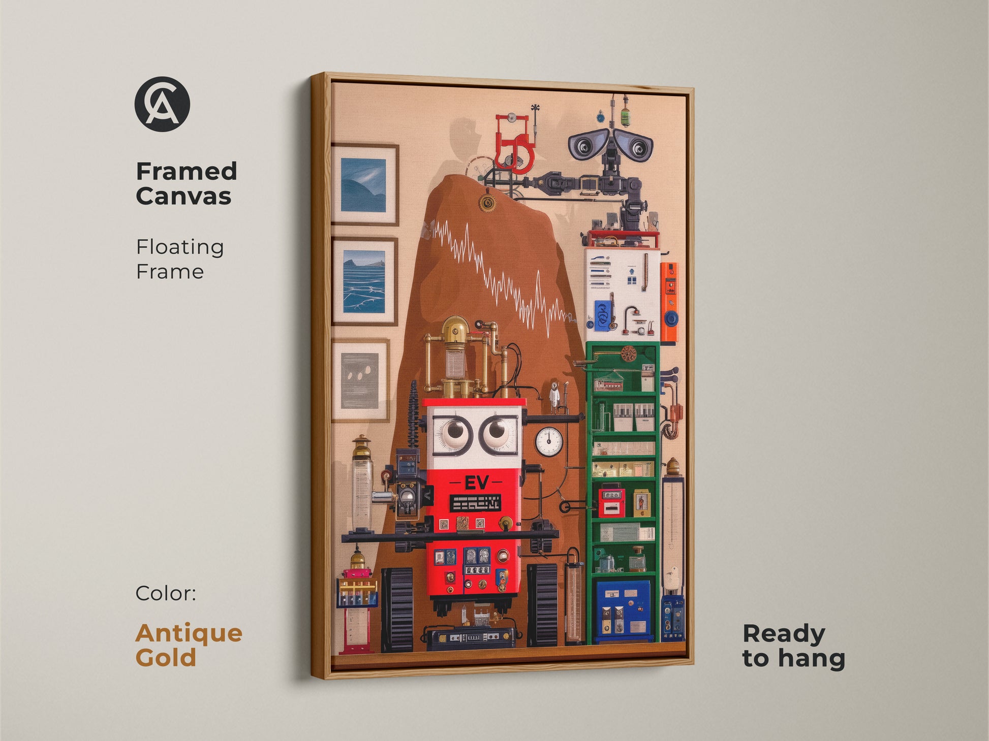 A Google Drive preview shows a surreal steampunk robot wall artwork. This abstract machine art features intricate gears. The file might not be safe to download. This eclectic home art piece blends red blue and brown color palettes.