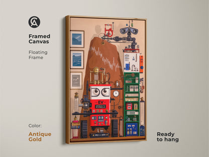 A Google Drive preview shows a surreal steampunk robot wall artwork. This abstract machine art features intricate gears. The file might not be safe to download. This eclectic home art piece blends red blue and brown color palettes.