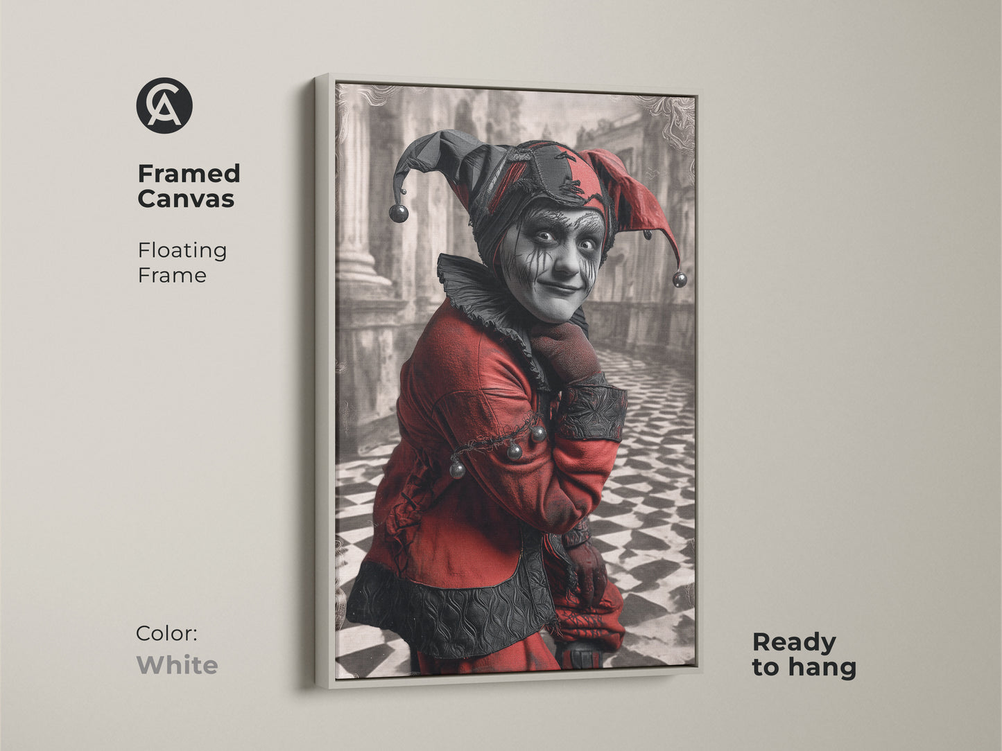 Framed canvas art featuring a gothic jester character portrait. This harlequin is in a floating frame in white. Ready to hang. Perfect as a unique home decor gift or for a study space decor.