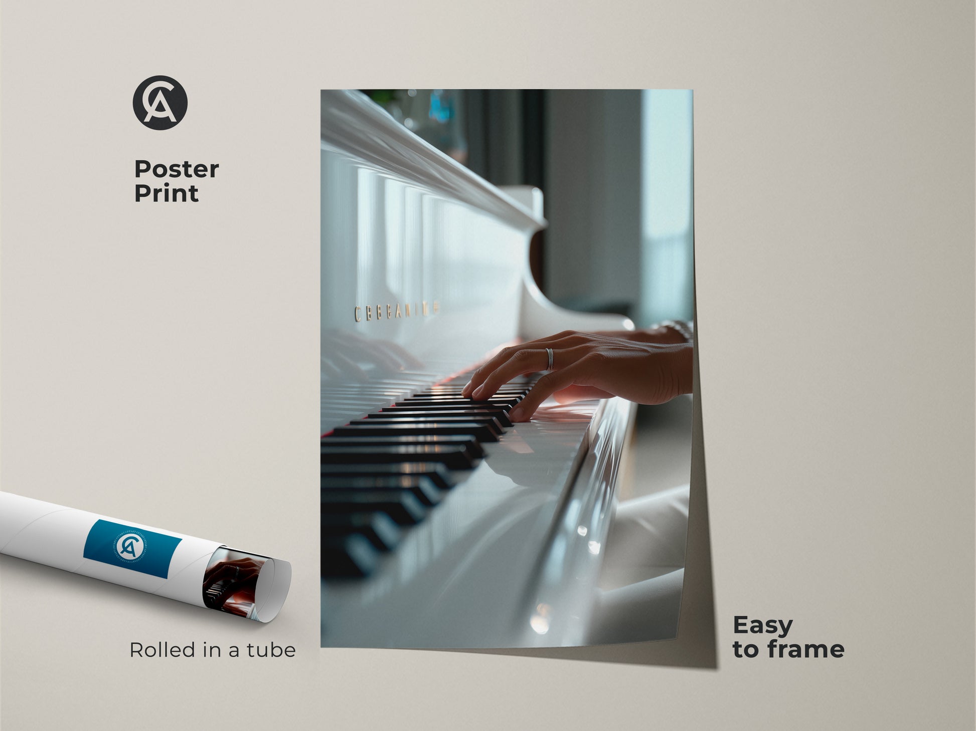 Poster print of hand playing piano keys. The art print comes rolled in a protective tube. Enjoy this high-quality music-inspired artwork. It is easy to frame and adds a touch of elegance to any space.