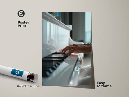 Poster print of hand playing piano keys. The art print comes rolled in a protective tube. Enjoy this high-quality music-inspired artwork. It is easy to frame and adds a touch of elegance to any space.