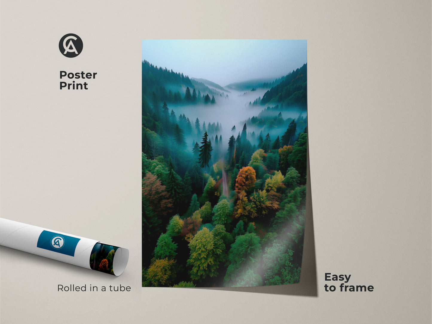 Poster print featuring a breathtaking forest landscape. This artwork captures a misty valley filled with lush trees. Rolled in a tube this poster print is easy to frame. Add a touch of nature to your space with this beautiful art.