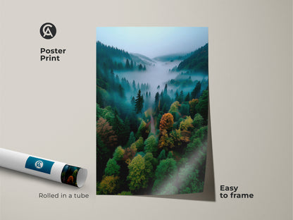 Poster print featuring a breathtaking forest landscape. This artwork captures a misty valley filled with lush trees. Rolled in a tube this poster print is easy to frame. Add a touch of nature to your space with this beautiful art.
