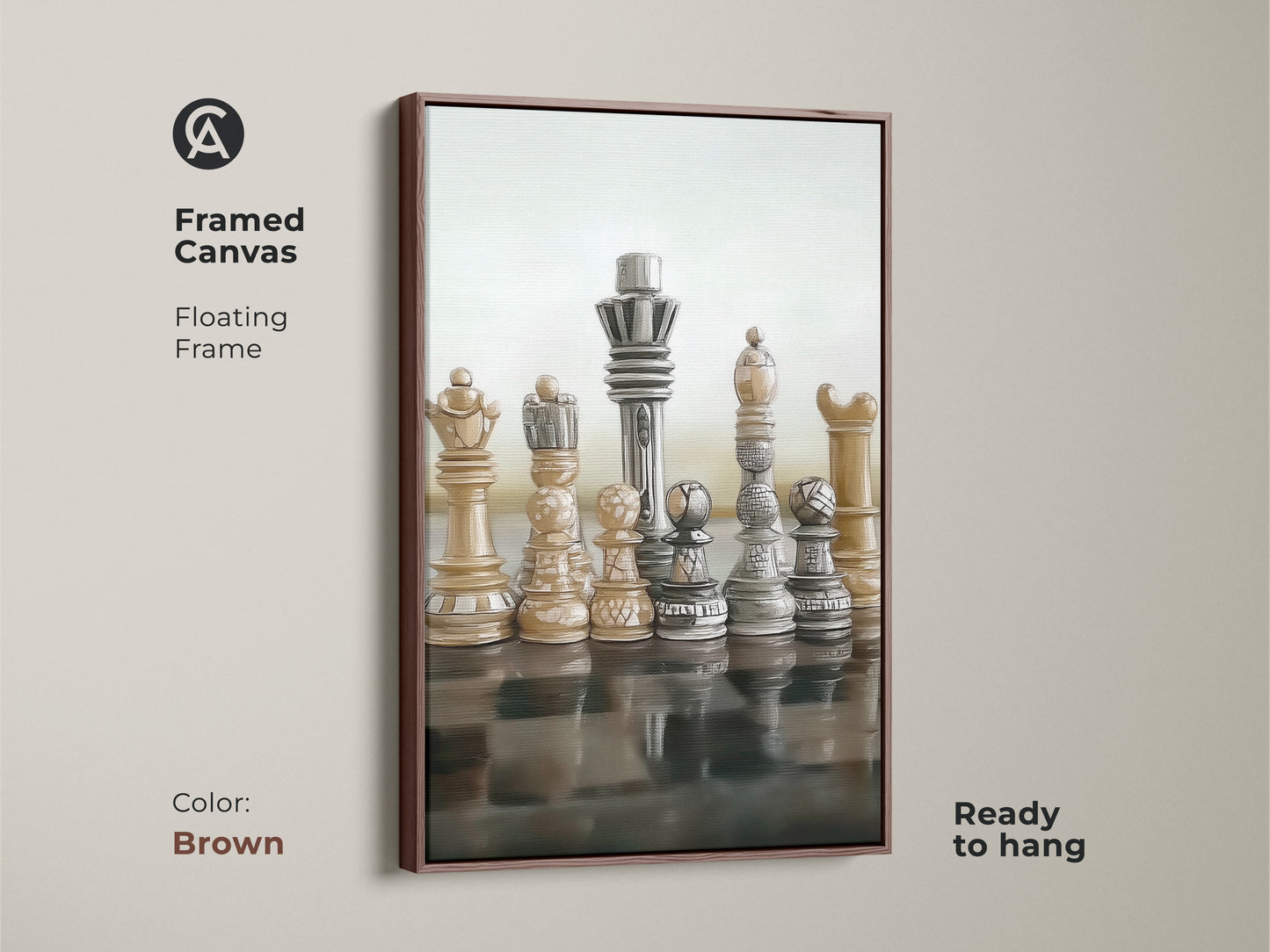 Elevate your decor with framed canvas abstract chess art in a floating brown frame ready to hang. The realistic King and Queen figures bring strategy to any space. This beige brown gray piece is ideal as modern office artwork. A perfect gift for chess players enhancing intellectual interiors.