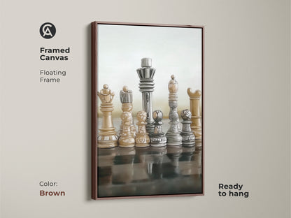Elevate your decor with framed canvas abstract chess art in a floating brown frame ready to hang. The realistic King and Queen figures bring strategy to any space. This beige brown gray piece is ideal as modern office artwork. A perfect gift for chess players enhancing intellectual interiors.