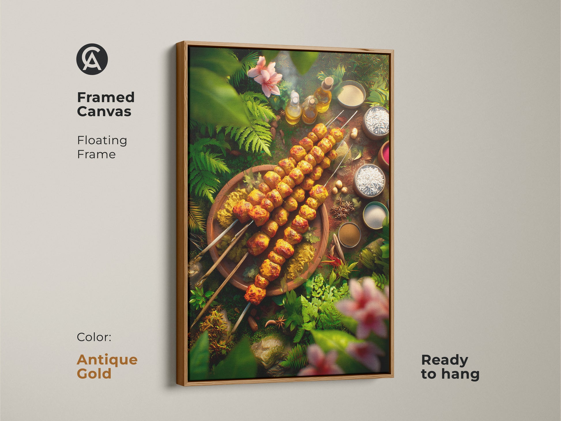 Framed canvas artwork with an antique gold floating frame. The artwork features grilled skewers surrounded by lush tropical plants. This ready-to-hang canvas is a perfect addition to any kitchen or dining area. The gold frame adds a touch of elegance.