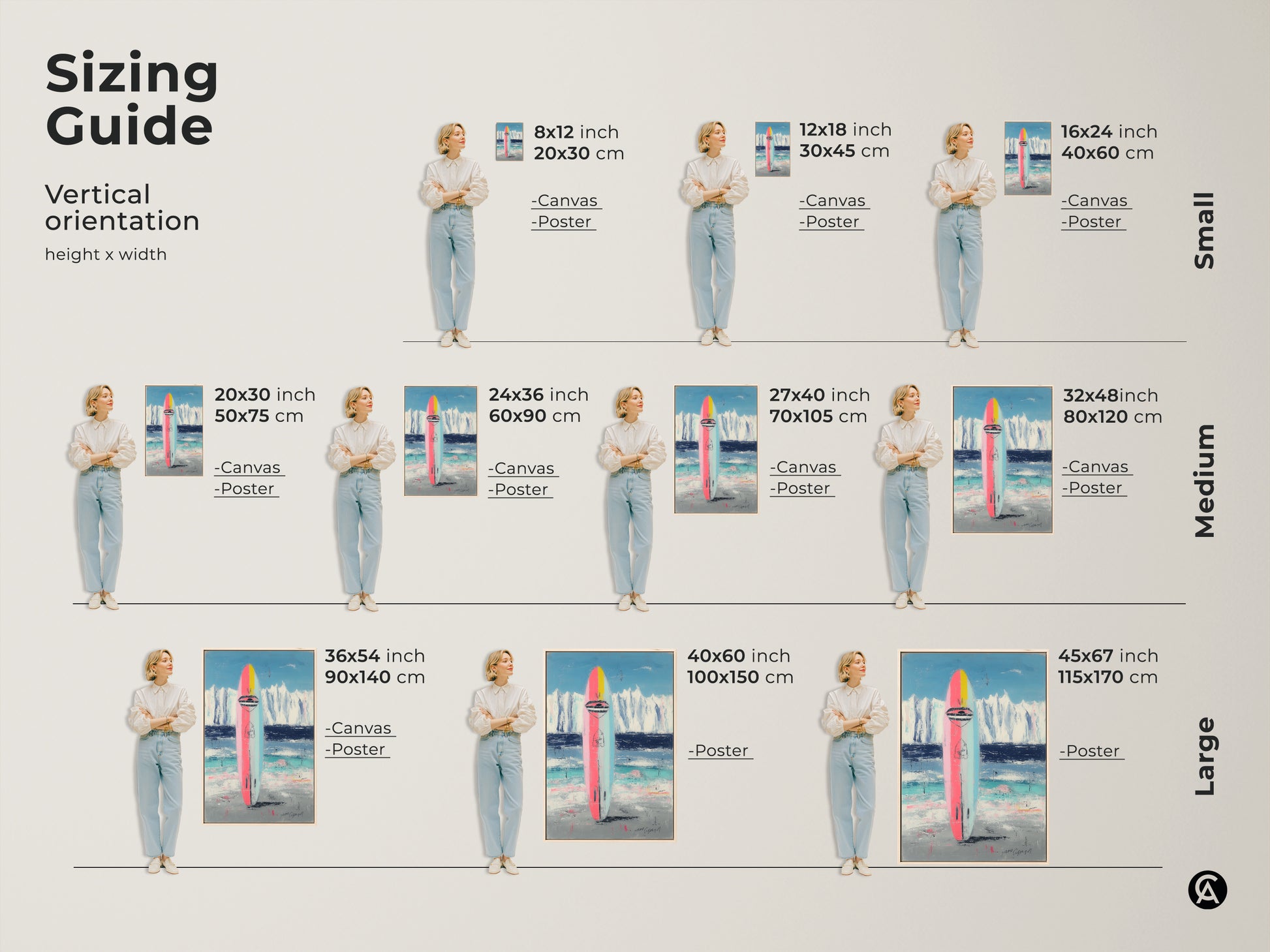 Sizing guide for vertical abstract surfboard artwork. Visualize canvas and poster prints in various sizes. Find the perfect fit for your space with this coastal art.