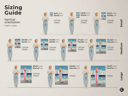 Sizing guide for vertical abstract surfboard artwork. Visualize canvas and poster prints in various sizes. Find the perfect fit for your space with this coastal art.