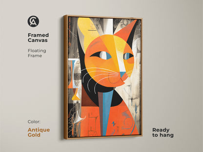 Framed canvas featuring abstract cat artwork with an antique gold floating frame. This orange and yellow cubist feline print is ready to hang. A colorful and eclectic piece for cat themed art collections.