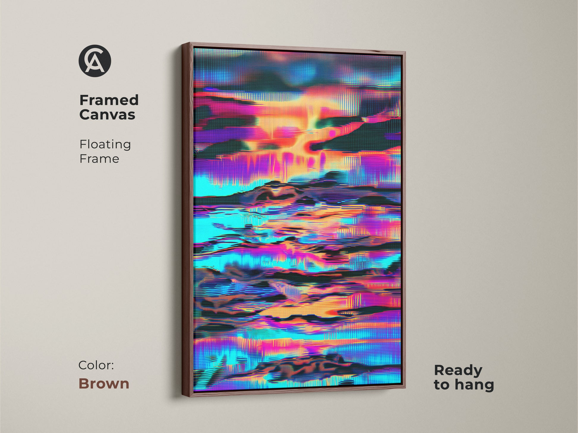 Framed canvas featuring an abstract glitch art piece with a floating brown frame. The artwork displays a skyline landscape in cyan orange and purple tones. This modern digital artwork is ready to hang. It will bring a contemporary style to your bedroom or office decor.