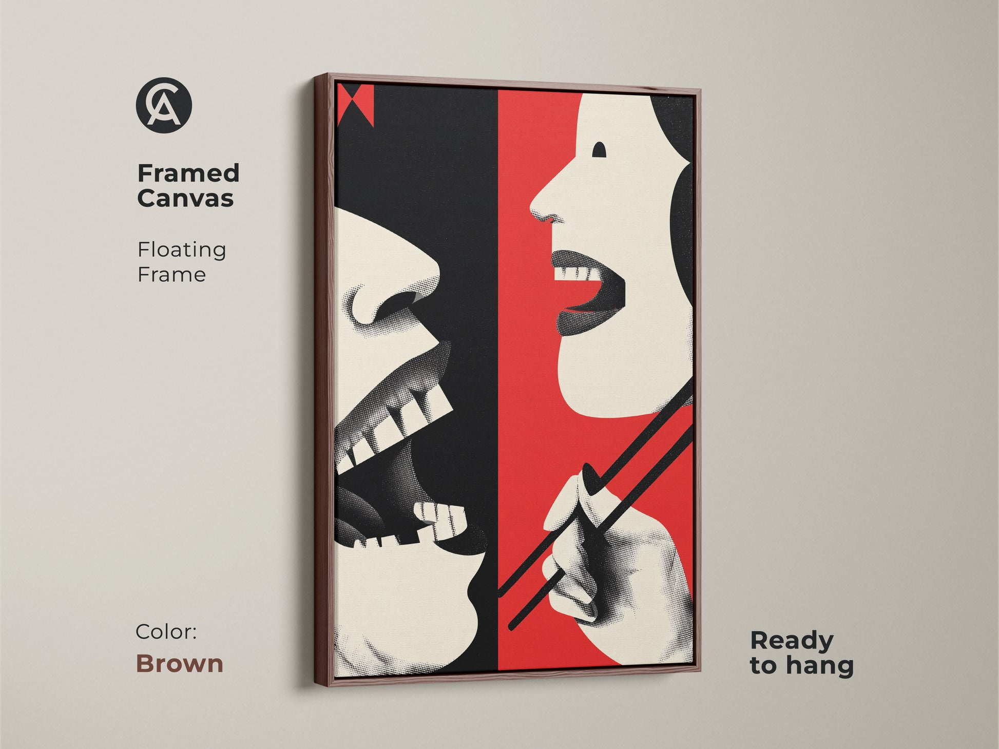 A brown framed canvas displays a retro mouth and chopsticks artwork. This kitchen wall art in red cream and black enhances dining spaces. Perfect as a foodie housewarming gift. Ready to hang abstract artwork.